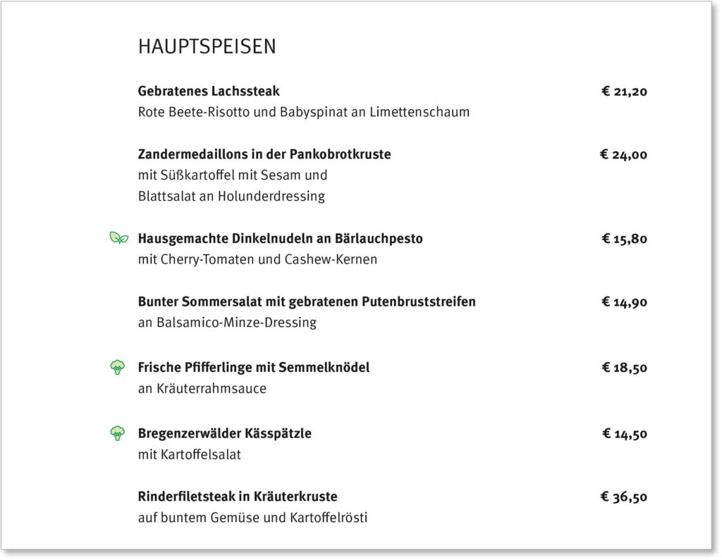 Zeichen für vegetarisch und vegan in der Speisekarte einsetzen